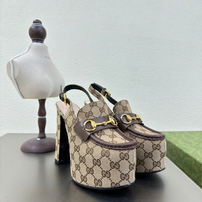 GG WOMEN'S HORSEBIT PLATFORM LOAFER SLINGBACK IN TAN BEIGE CANVAS