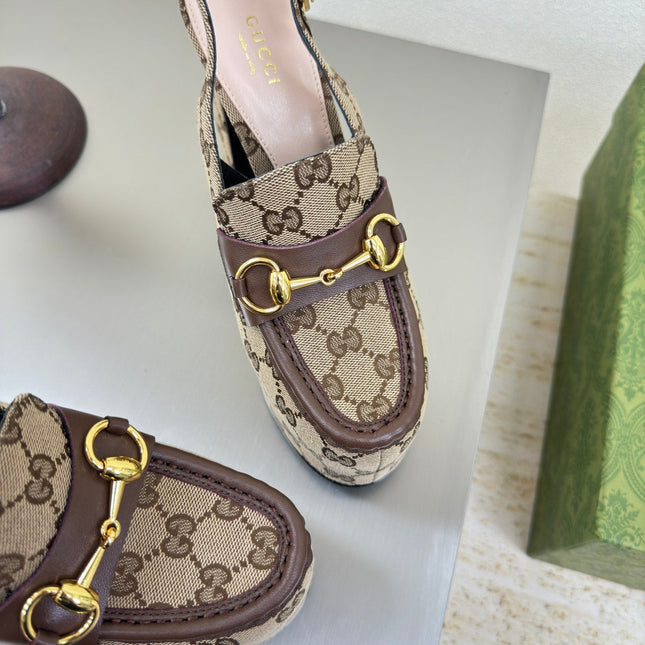 GG WOMEN'S HORSEBIT PLATFORM LOAFER SLINGBACK IN TAN BEIGE CANVAS