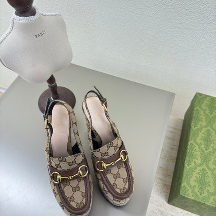 GG WOMEN'S HORSEBIT PLATFORM LOAFER SLINGBACK IN TAN BEIGE CANVAS