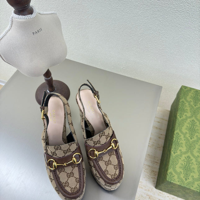 GG WOMEN'S HORSEBIT PLATFORM LOAFER SLINGBACK IN TAN BEIGE CANVAS