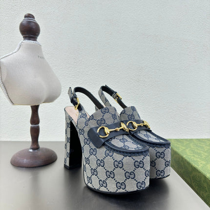 GG WOMEN'S HORSEBIT PLATFORM LOAFER SLINGBACK IN BEIGE AND BLUE CANVAS