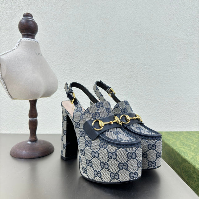 GG WOMEN'S HORSEBIT PLATFORM LOAFER SLINGBACK IN BEIGE AND BLUE CANVAS