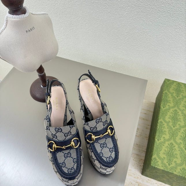 GG WOMEN'S HORSEBIT PLATFORM LOAFER SLINGBACK IN BEIGE AND BLUE CANVAS