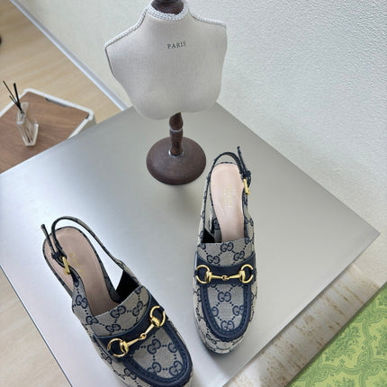 GG WOMEN'S HORSEBIT PLATFORM LOAFER SLINGBACK IN BEIGE AND BLUE CANVAS