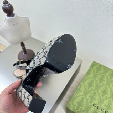 GG WOMEN'S HORSEBIT PLATFORM LOAFER SLINGBACK IN BEIGE AND BLUE CANVAS