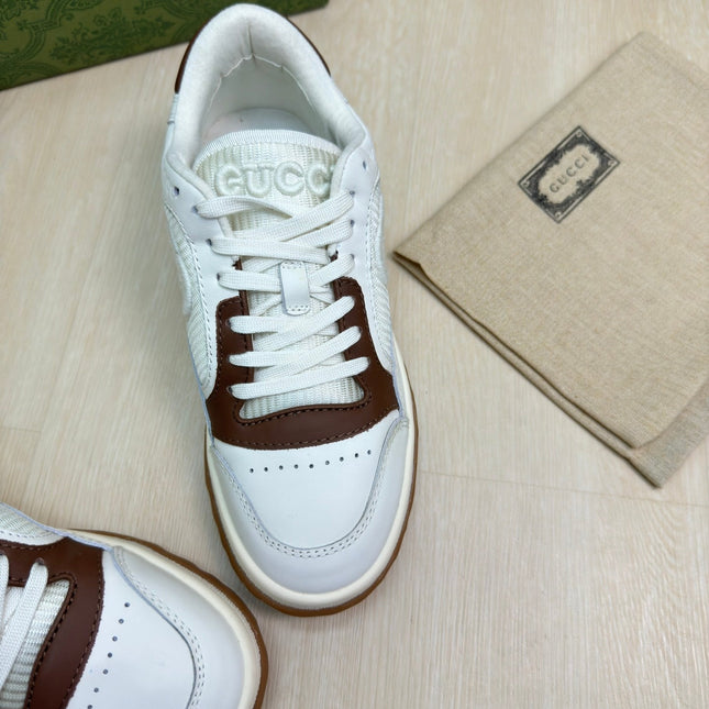 GG INTERLOCKING G SNEAKER WHITE BROWN CALFSKIN AND FABRIC