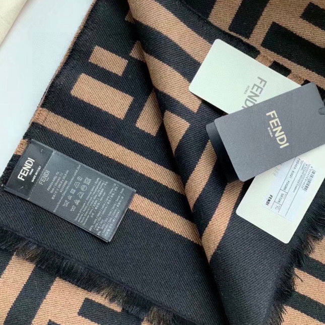 FF 180 CM SCARF IN CAMEL BROWN MIX BLACK CASHMERE AND WOOL