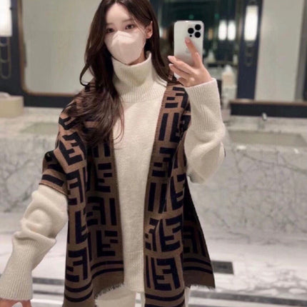FF 180 CM SCARF IN CAMEL BROWN MIX BLACK CASHMERE AND WOOL
