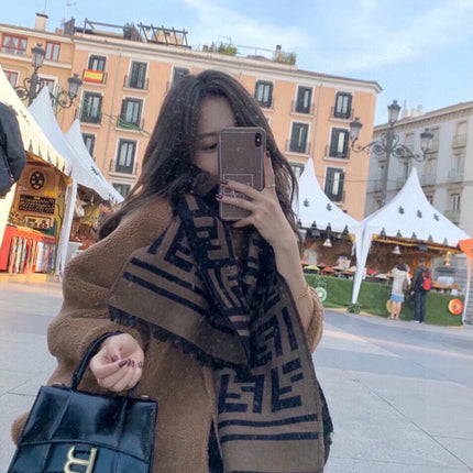 FF 180 CM SCARF IN CAMEL BROWN MIX BLACK CASHMERE AND WOOL