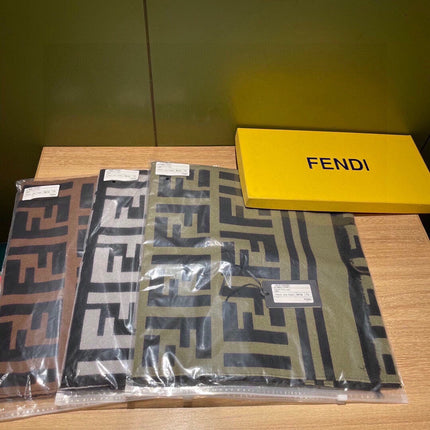 FF 180 CM SCARF IN CAMEL BROWN MIX BLACK CASHMERE AND WOOL