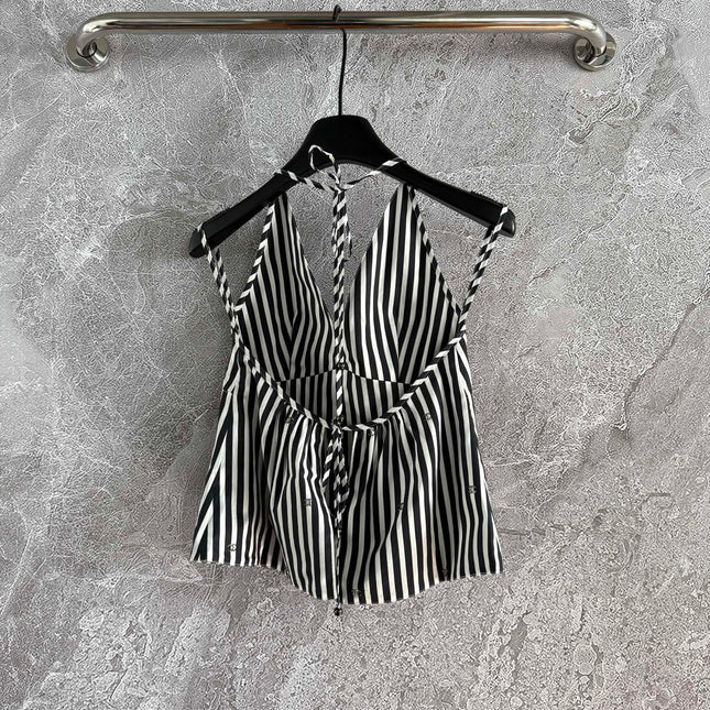 CC Striped Halter Top Black White Cotton