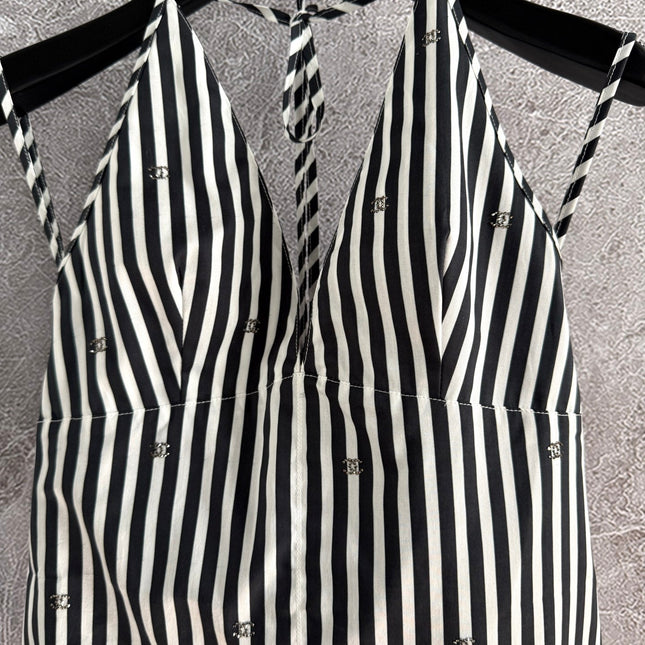 CC Striped Halter Top Black White Cotton