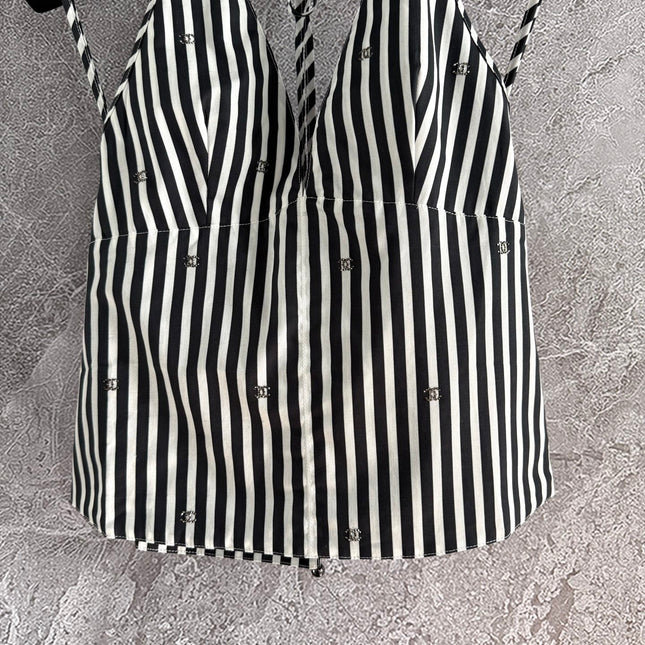 CC Striped Halter Top Black White Cotton