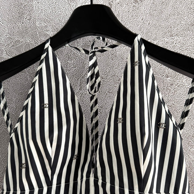 CC Striped Halter Top Black White Cotton