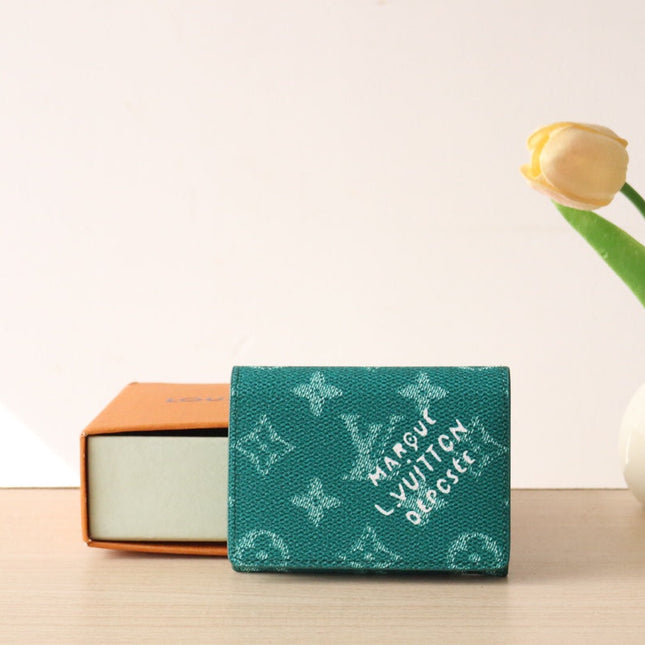 LV 25S ENVELOPE BUSINESS CARD HOLDER 10 IN DEEP TEAL MONOGRAM HERITAGE COATED CALFSKIN