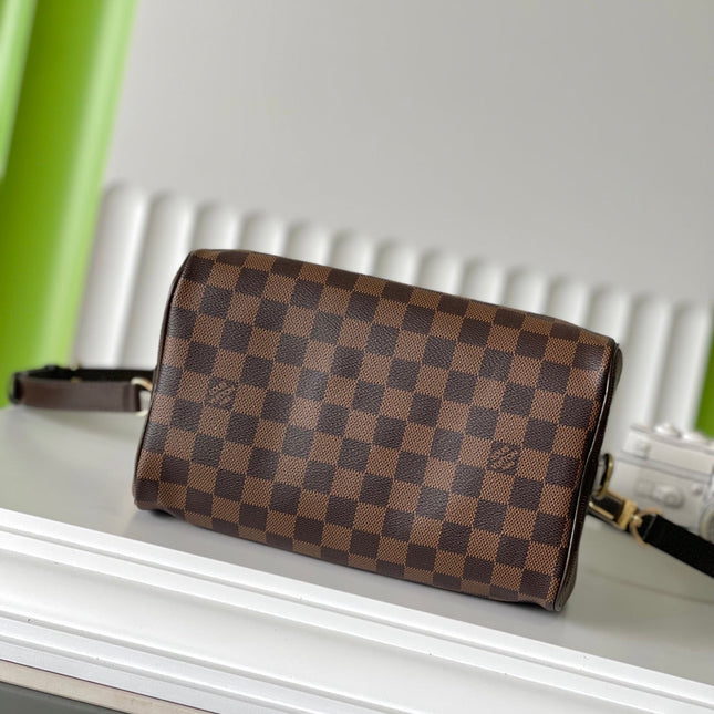 SPEEDY BANDOLIÈRE 25 IN DARK BROWN DAMIER EBENE CANVAS GOLD HARDWARE