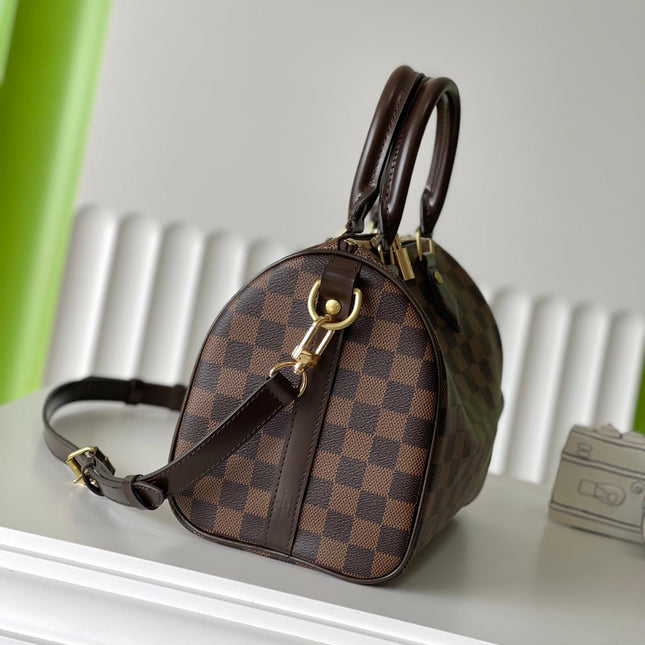 SPEEDY BANDOLIÈRE 25 IN DARK BROWN DAMIER EBENE CANVAS GOLD HARDWARE