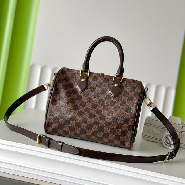 SPEEDY BANDOLIÈRE 25 IN DARK BROWN DAMIER EBENE CANVAS GOLD HARDWARE
