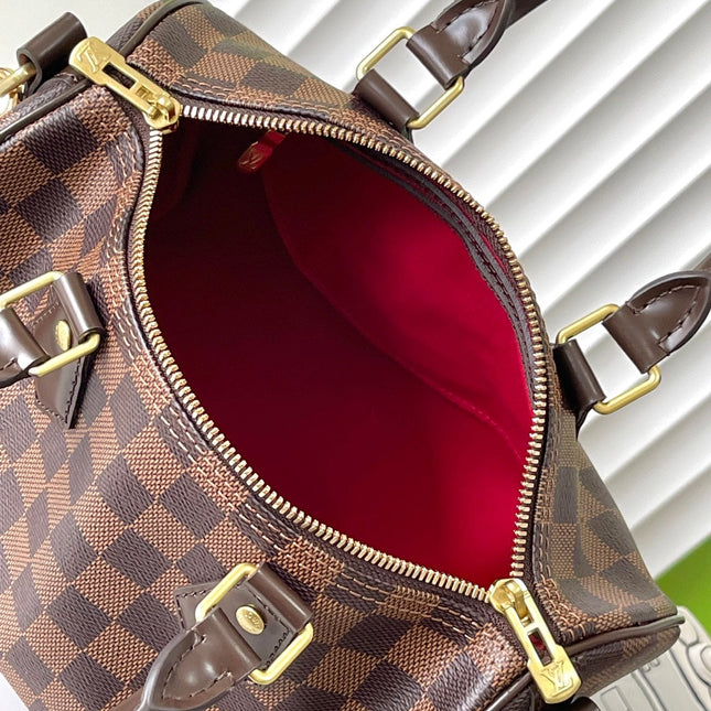 SPEEDY BANDOLIÈRE 25 IN DARK BROWN DAMIER EBENE CANVAS GOLD HARDWARE