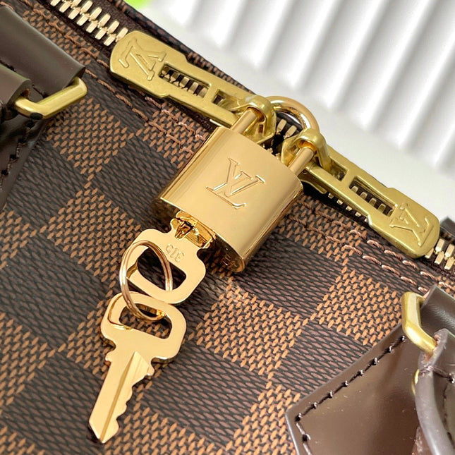 SPEEDY BANDOLIÈRE 25 IN DARK BROWN DAMIER EBENE CANVAS GOLD HARDWARE