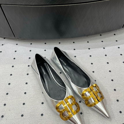 POINTED BB GOLD BUCKLE BALLET FLAT IN SILVER METALLIC SHINY CALFSKIN