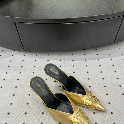 POINTED BB GOLD BUCKLE HEELED SLINGBACK IN GOLD METALLIC SHINY CALFSKIN