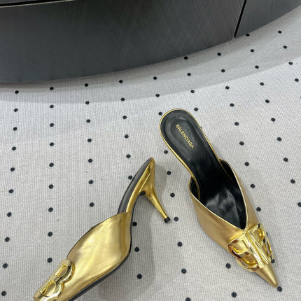 POINTED BB GOLD BUCKLE HEELED SLINGBACK IN GOLD METALLIC SHINY CALFSKIN