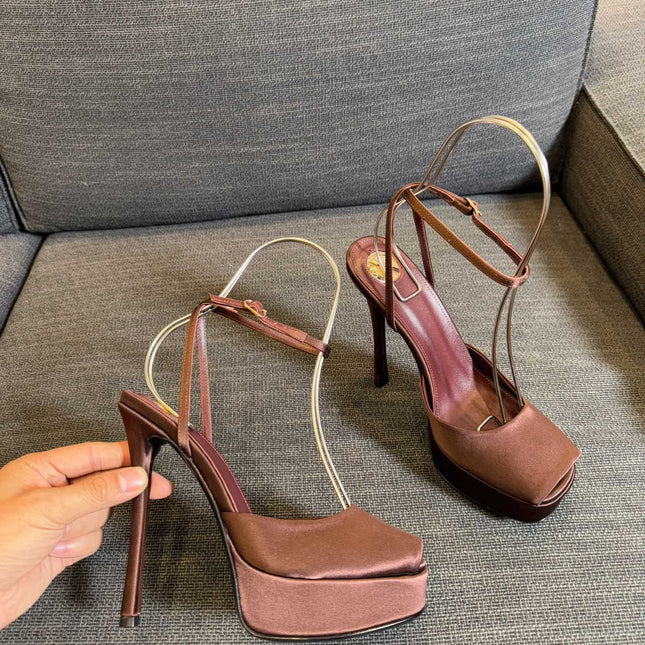 LA SCANDALE PLATFORM SANDALS IN DARK CAPPUCCINO SATIN