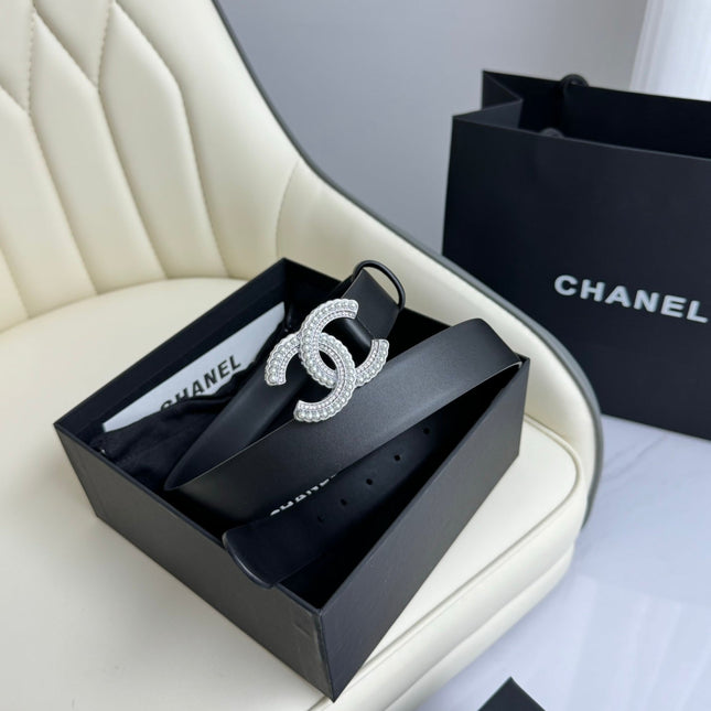 CC BELT 30MM IN BLACK SMOOTH CALFSKIN SILVER HARDWARE ATTACH PEARLS