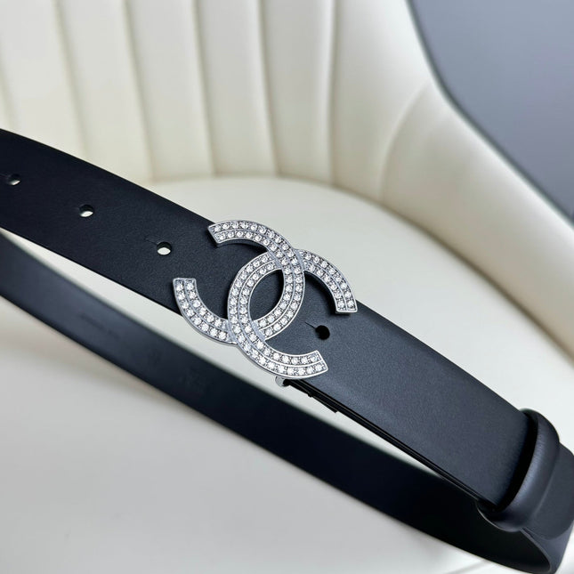 CC BELT 30MM IN BLACK SMOOTH CALFSKIN SILVER HARDWARE ATTACH RHINSTONES