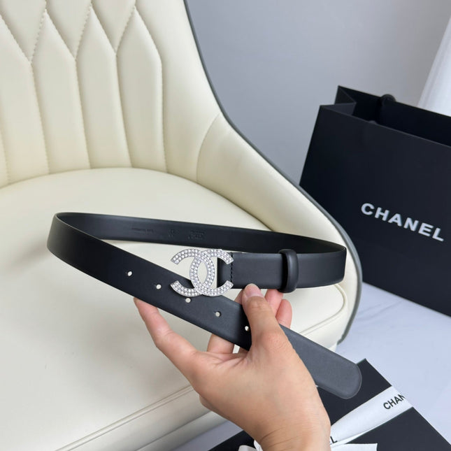 CC BELT 30MM IN BLACK SMOOTH CALFSKIN SILVER HARDWARE ATTACH RHINSTONES