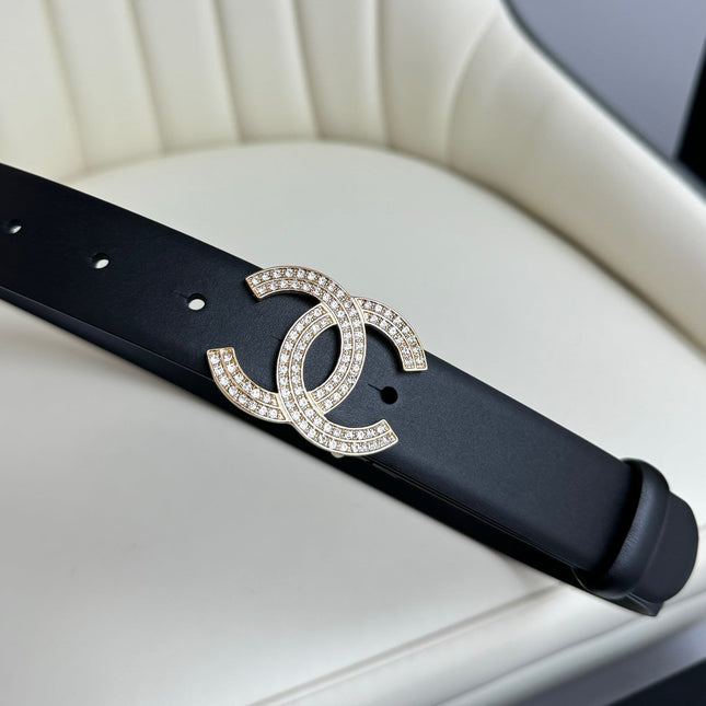 CC BELT 30MM IN BLACK SMOOTH CALFSKIN GOLD HARDWARE ATTACH RHINSTONES