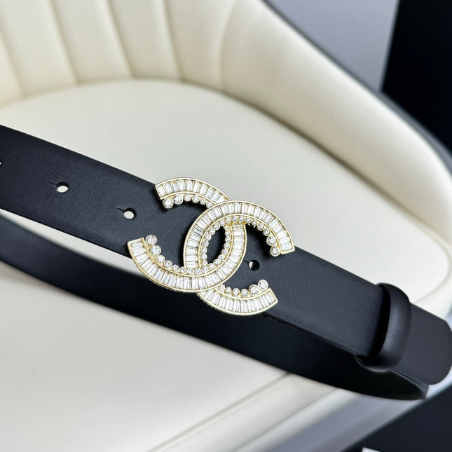 CC BELT 30MM IN BLACK SMOOTH CALFSKIN GOLD HARDWARE ATTACH RHINSTONE
