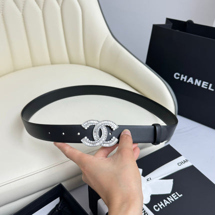 CC BELT 30MM IN BLACK SMOOTH CALFSKIN SILVER HARDWARE ATTACH RHINSTONE