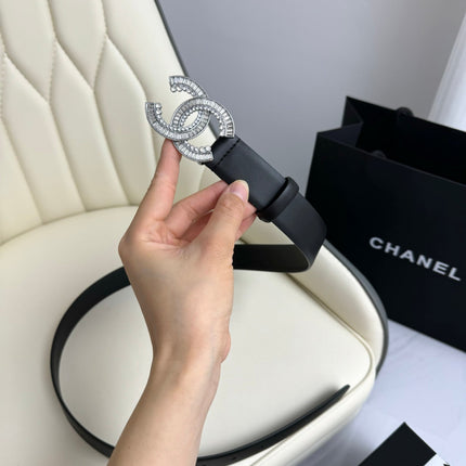 CC BELT 30MM IN BLACK SMOOTH CALFSKIN SILVER HARDWARE ATTACH RHINSTONE