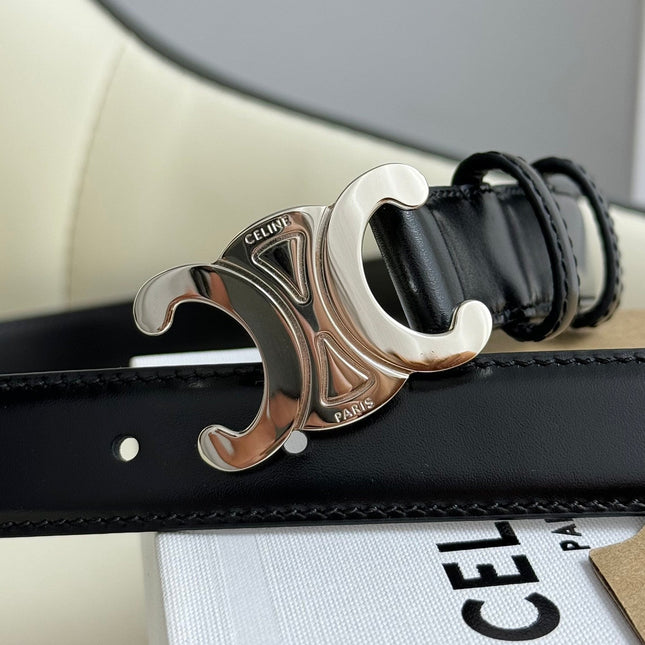 MEDIUM TRIOMPHE BELT 25MM BLACK LEATHER SILVER HARDWARE