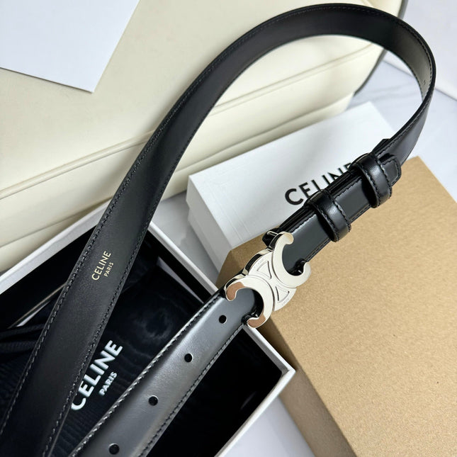 MEDIUM TRIOMPHE BELT 25MM BLACK LEATHER SILVER HARDWARE