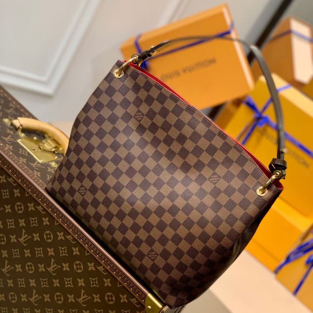 GRACEFUL MM BAG 35 IN BROWN DAMIER COATED CANVAS BROWN CALFSKIN
