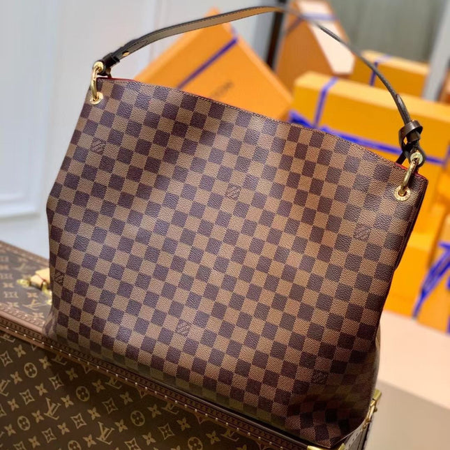 GRACEFUL MM BAG 41 IN BROWN DAMIER COATED CANVAS BROWN CALFSKIN