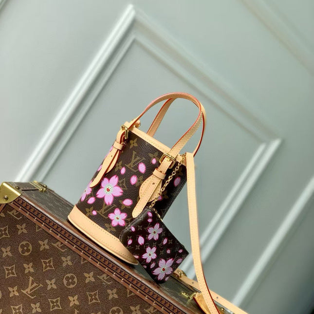 NANO BUCKET CHERRY BLOSSOM IN SAKURA BROWN MONOGRAM COATED CANVAS