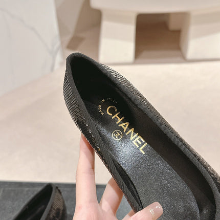 BALLET FLATS IN BLACK GLITTERED TULLE AND SATIN