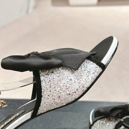 HIGH SANDAL WITH PEARL CHAIN BLACK LAMBSKIN WITH WHITE RHINESTONES