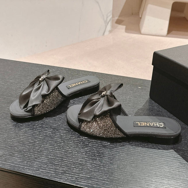 BOW LADY SLIPPERS BLACK LAMBSKIN WITH RHINESTONES