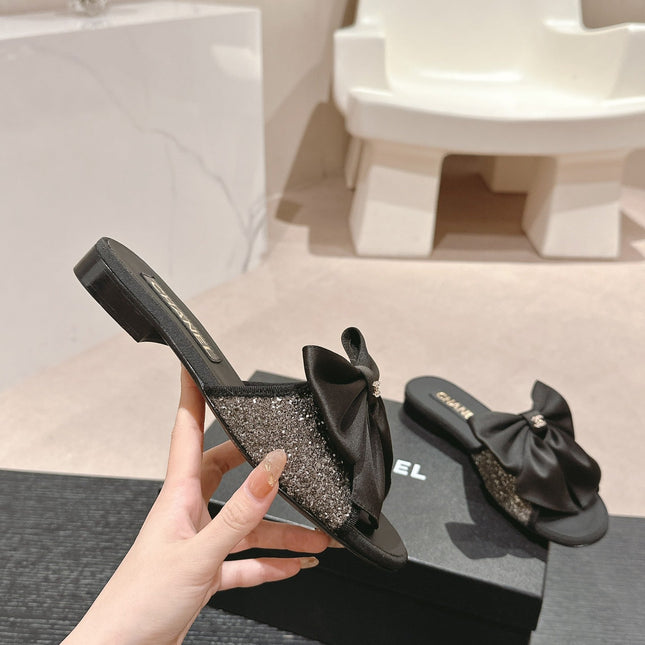 BOW LADY SLIPPERS BLACK LAMBSKIN WITH RHINESTONES