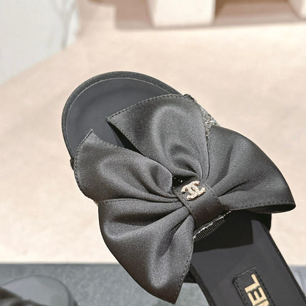 BOW LADY SLIPPERS BLACK LAMBSKIN WITH RHINESTONES