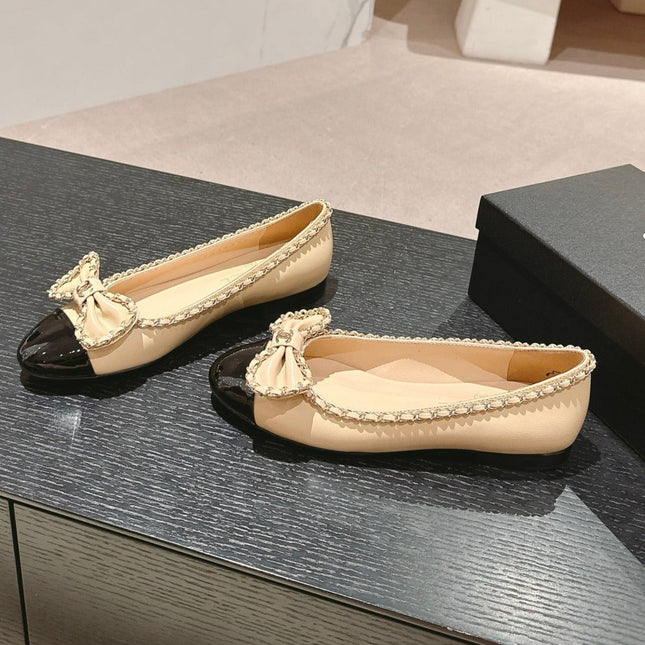 BOWKNOT BALLET FLAT IN BEIGE CREAM MIX BLACK SHEEPSKIN