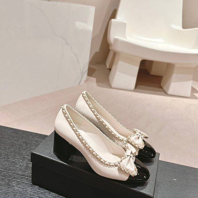 BOWKNOT HIGH HEELS IN WHITE MIX BLACK SHEEPSKIN