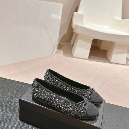 BALLET FLATS IN BLACK MIX WHITE TWEED AND SATIN