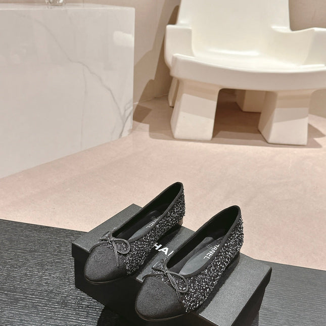 BALLET FLATS IN BLACK MIX WHITE TWEED AND SATIN