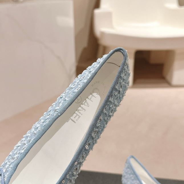 BALLET FLATS IN LIGHT BLUE DENIM AND BLACK SATIN